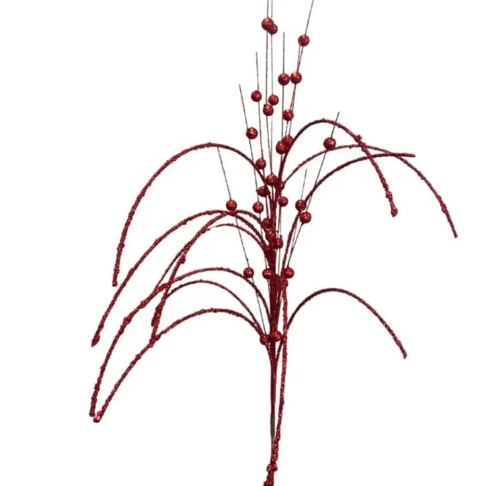 Large Red Glitter Millet Grass Ball Spray Christmas Stem Pick Wreath Accent